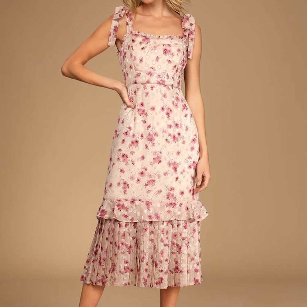 Lulus Terrace Views Taupe Floral Print Tiered MIDI Dress small